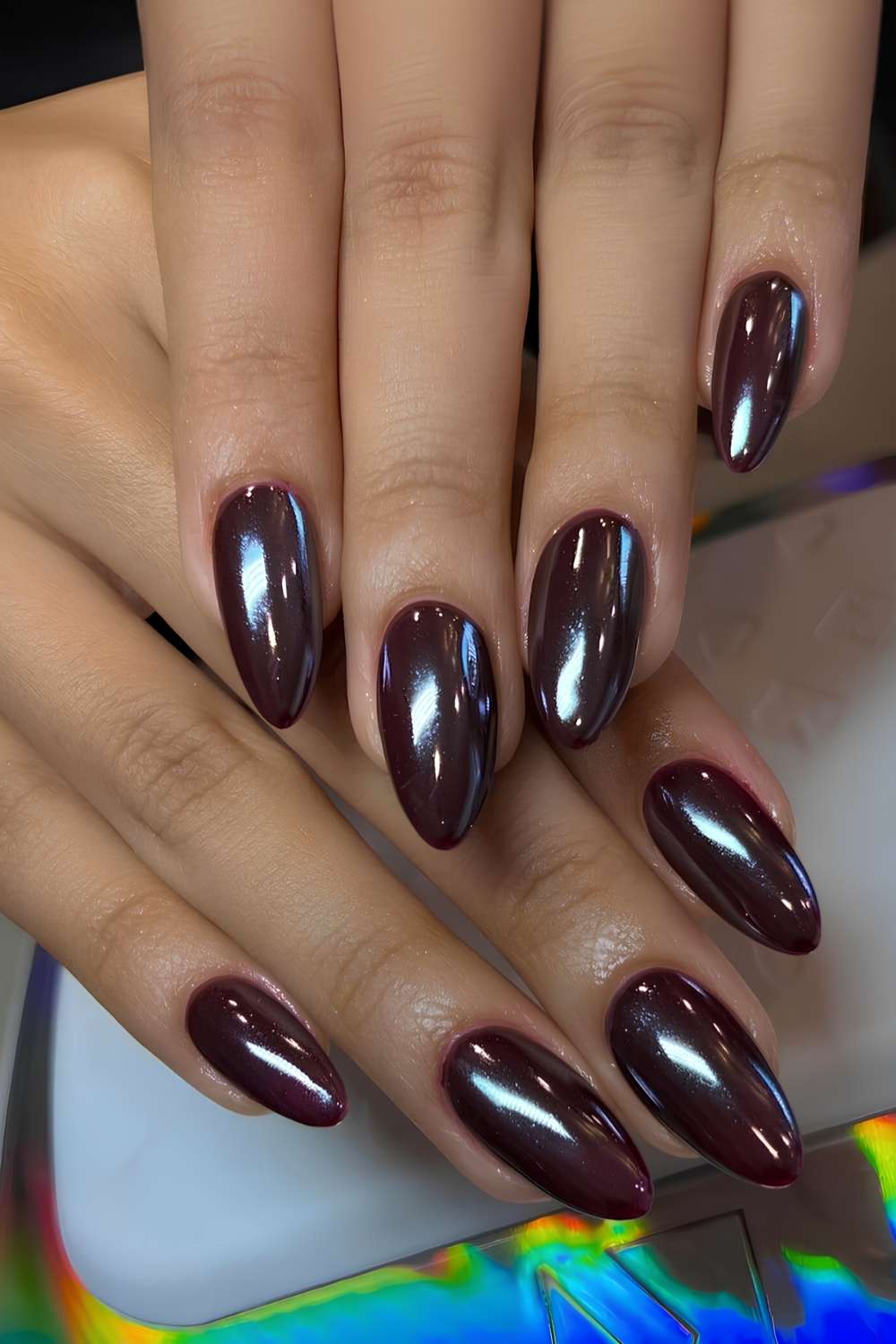 Burgundy Brown Chrome Almond Medium Nails Burgundy Brown Chrome Almond Medium Nails — Simple Brown Chrome Nails