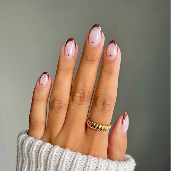 Medium Almond Thin Brown Tips With Red Dots — Simple Brown French Tip Nails