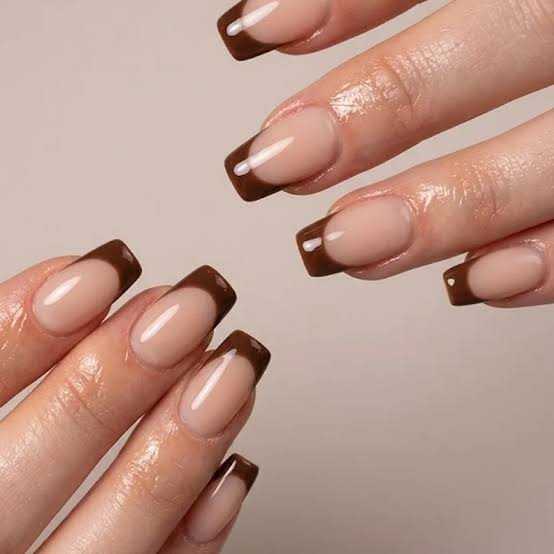 Medium Oval Clean Brown French Tips — Simple Brown French Tip Nails