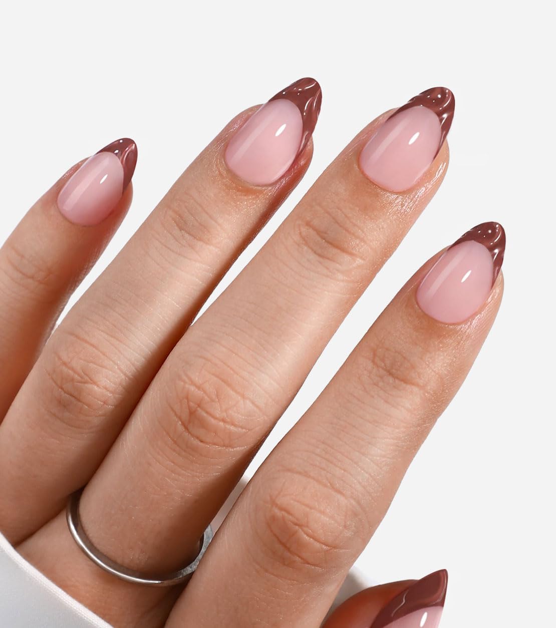 Medium Almond Thin Sheer Pink Brown Tip — Simple Brown French Tip Nails