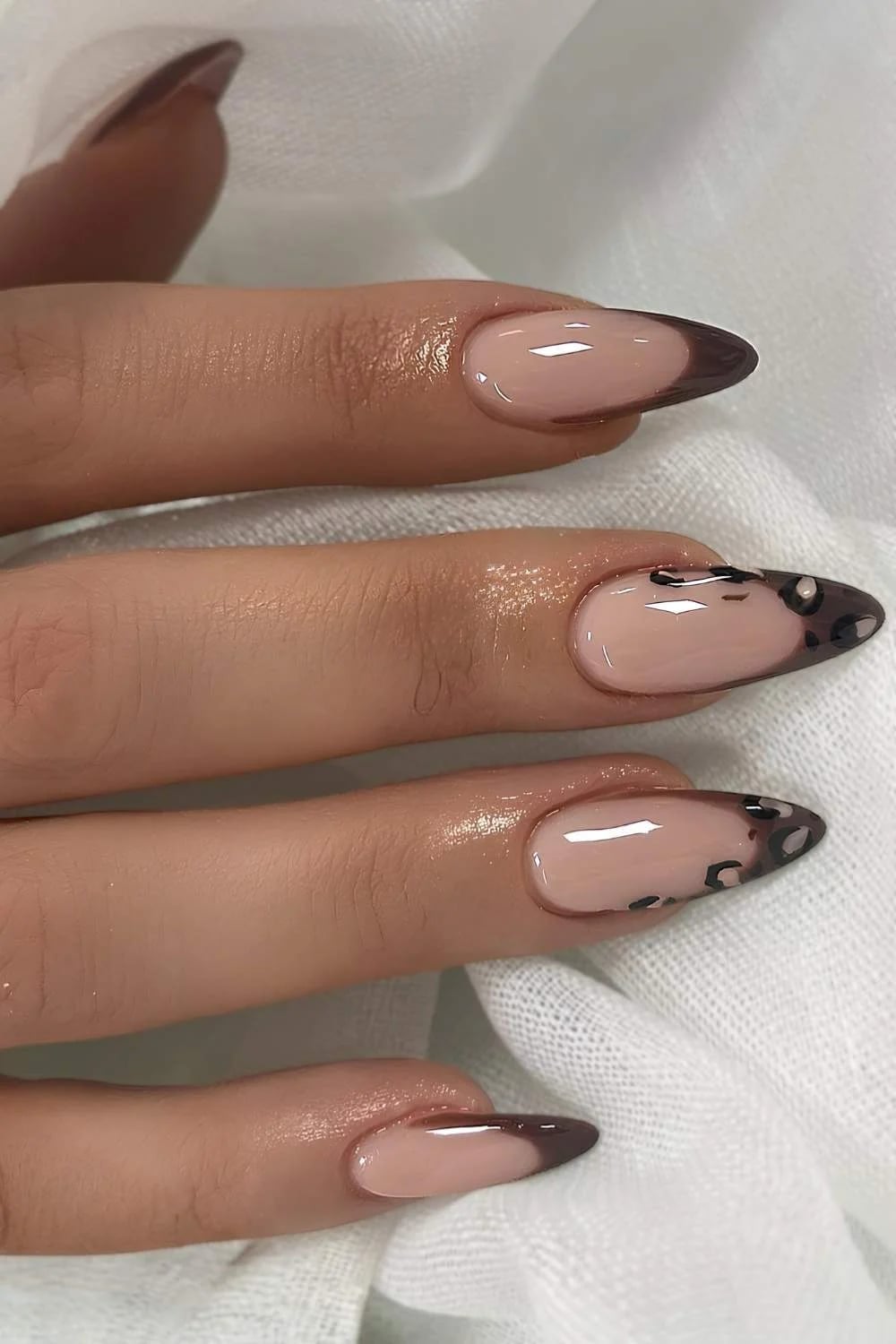 Medium Almond Leopard Print Brown Tips — Simple Brown French Tip Nails