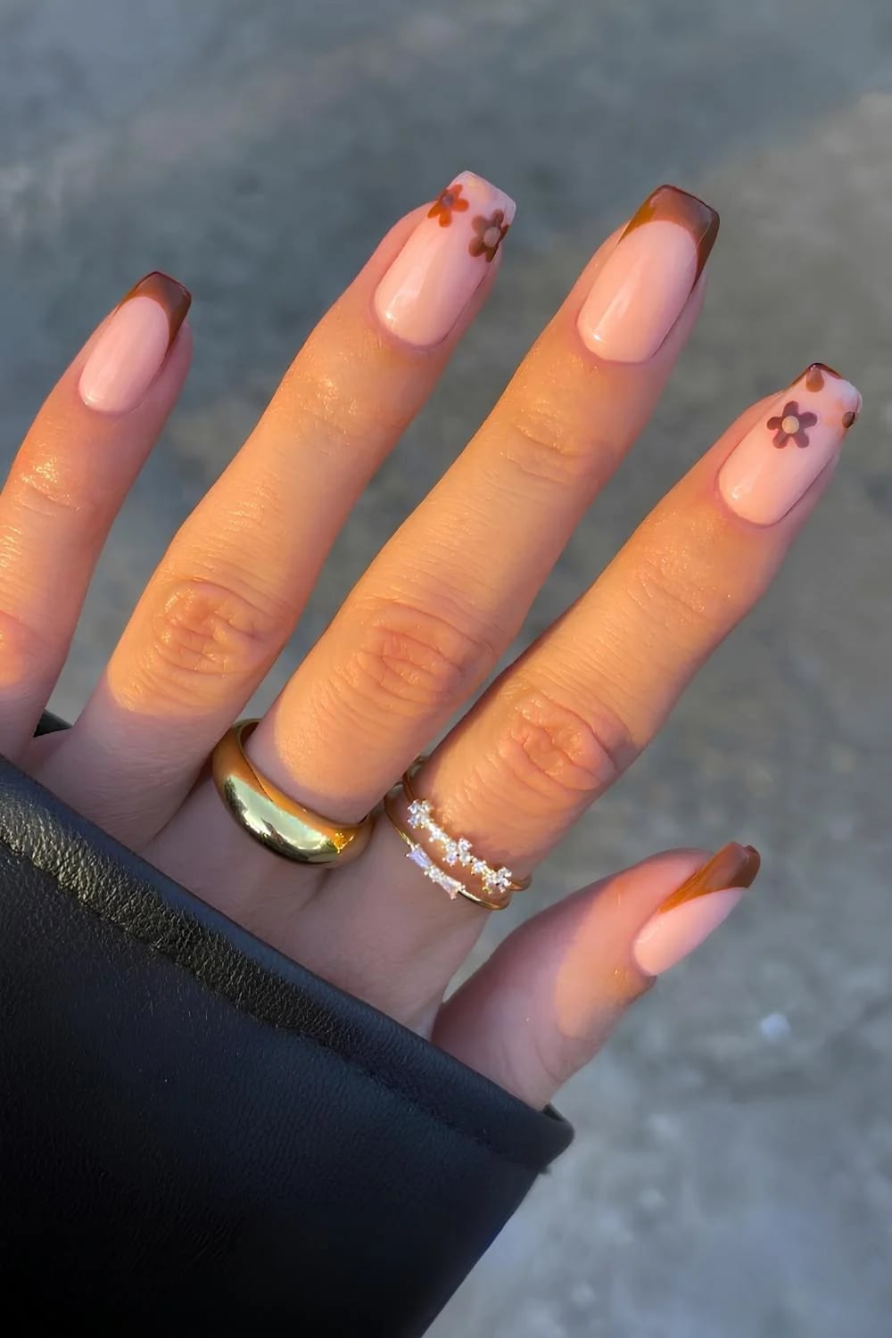 Medium Almond Brown Tips With Floral Accents — Simple Brown French Tip Nails