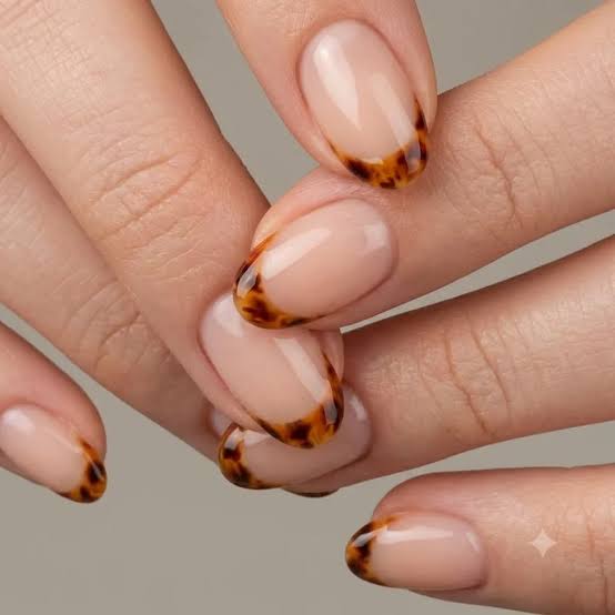 Medium Almond Tortoiseshell Pattern Tips — Simple Brown French Tip Nails