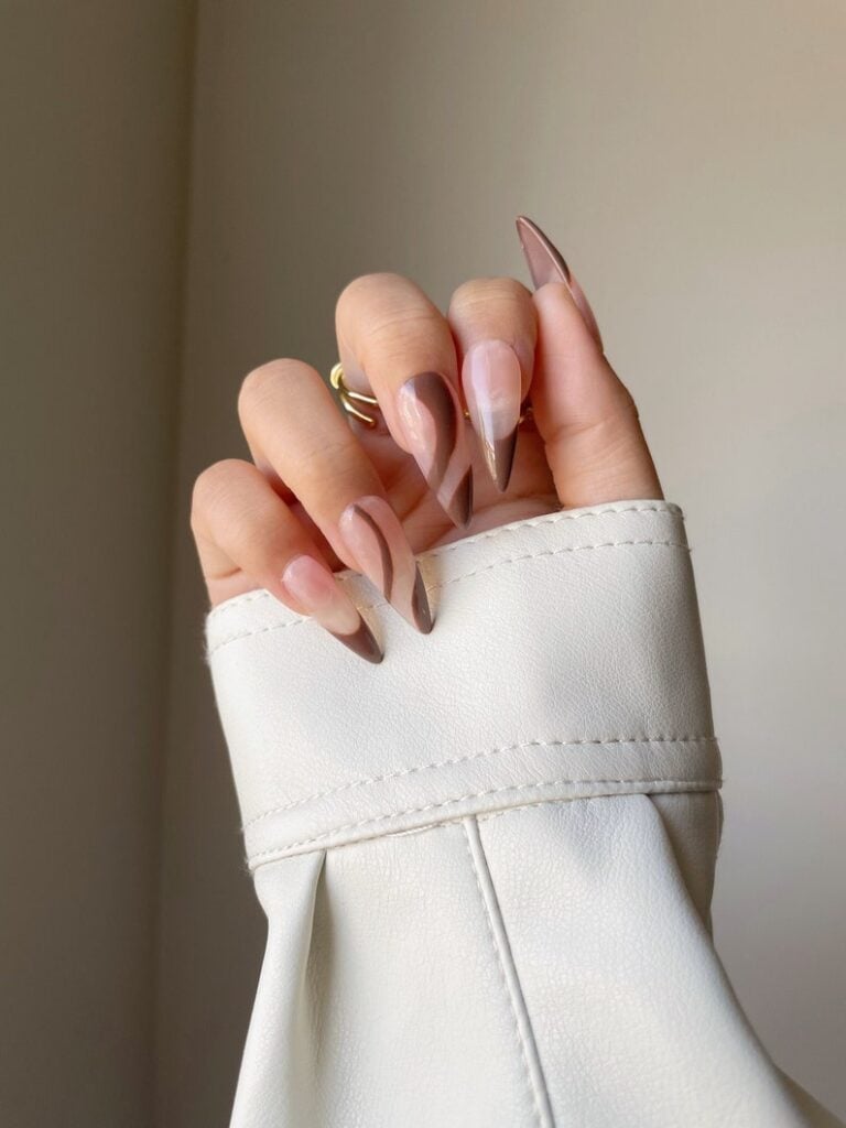 Medium Almond Brown Pattern French — Simple Brown French Tip Nails