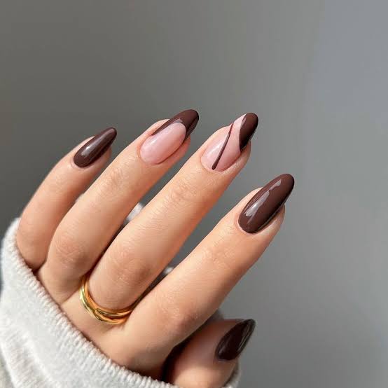 Medium Oval Abstract Brown Lines — Simple Brown French Tip Nails