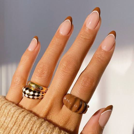 Almond Sheer Nude Rich Brown Tips — Simple Brown French Tip Nails