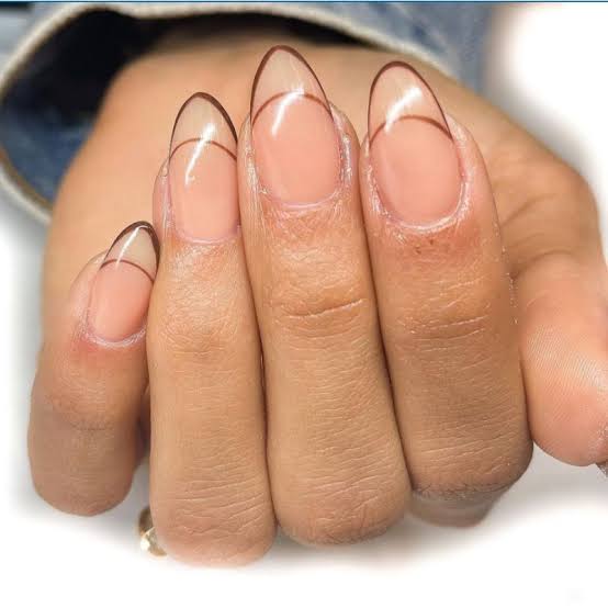 Both Hands Almond Sharp Brown Tips — Simple Brown French Tip Nails