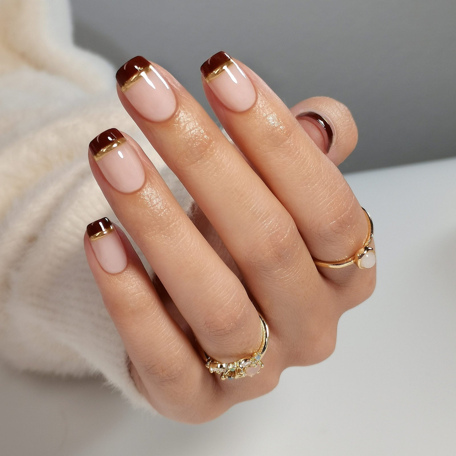 Short Square Brown French With Gold Line — Simple Brown French Tip Nails