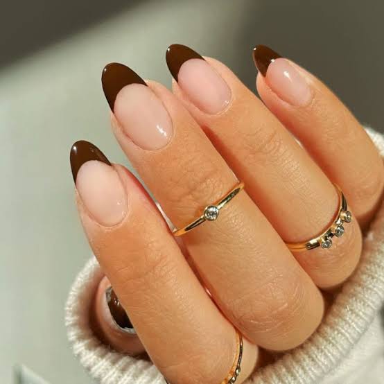 Medium Almond Glossy Chocolate Brown Tips — Simple Brown French Tip Nails