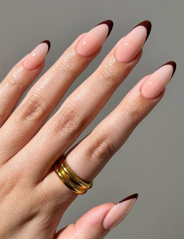 Medium Almond Rich Brown French Tips — Simple Brown French Tip Nails