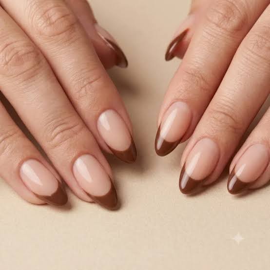 Medium Almond Dark Brown Sharp Tips — Simple Brown French Tip Nails