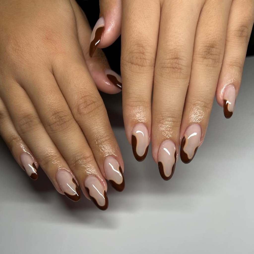 Medium Long Almond Glossy Brown Tips With Nude Base — Simple Brown French Tip Nails