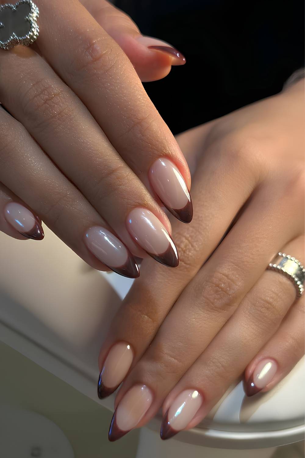 Medium Almond Thin Dark Brown Tips, Glossy — Simple Brown French Tip Nails