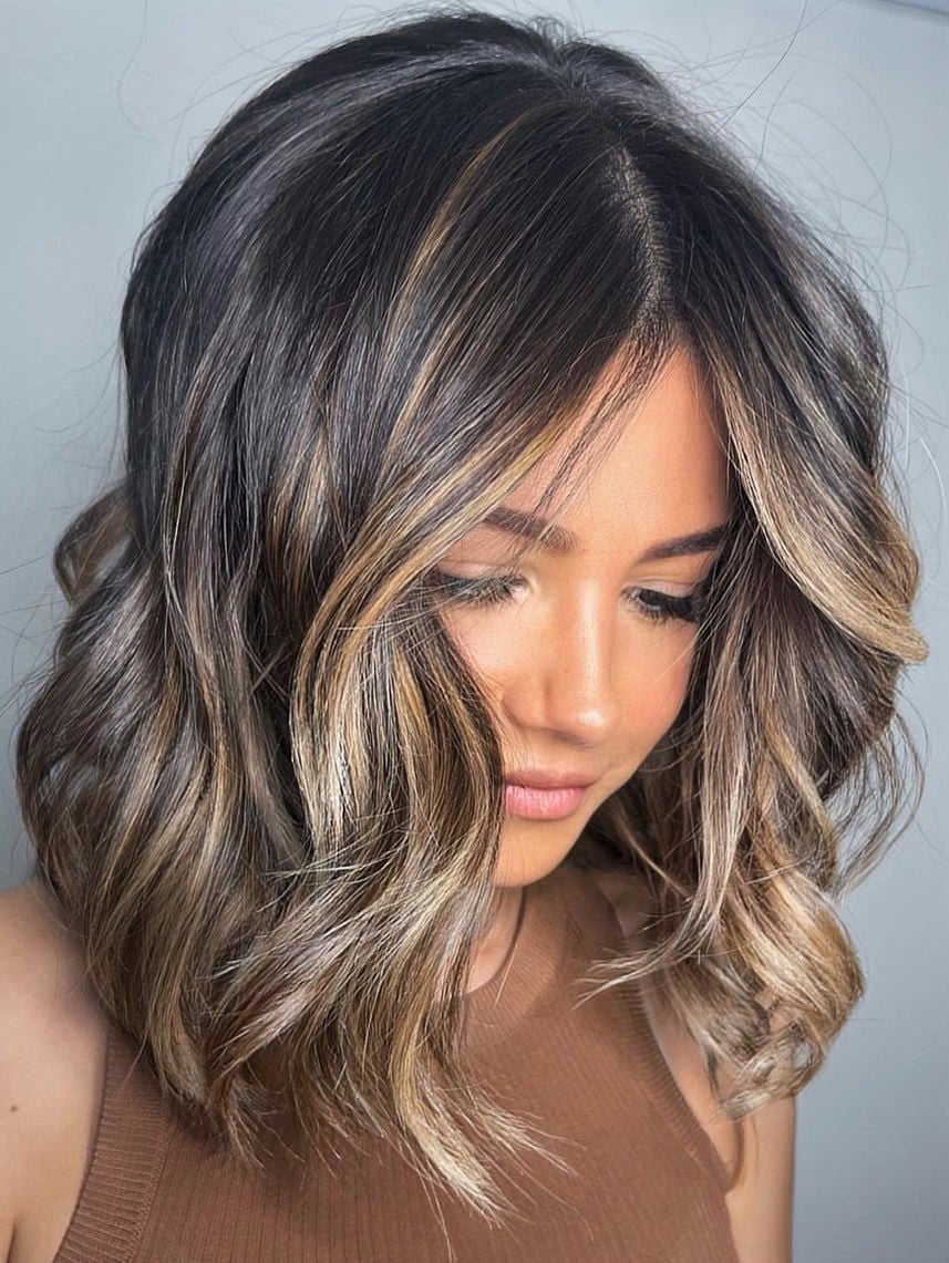 Lob With Dark Brown Base And Lighter Highlights — Simple Brown Highlights