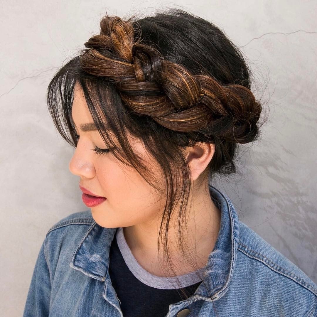 Dark Brown Auburn Braided Crown With Wispy Bangs — Simple Bun Braids