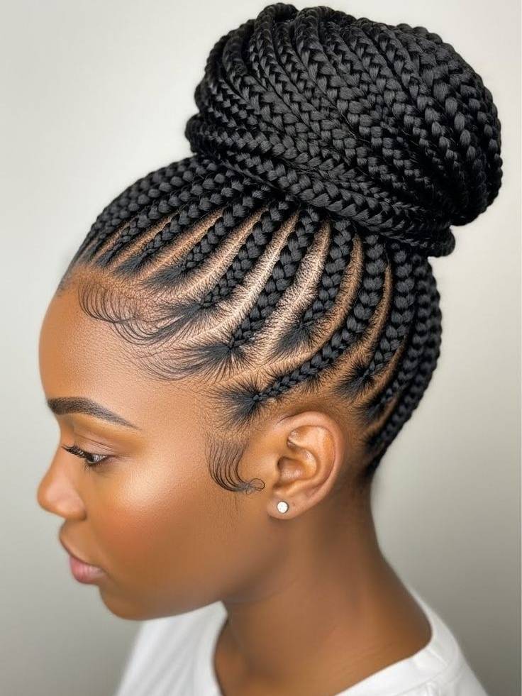 High Black Coily Cornrow Bun — Simple Bun Braids