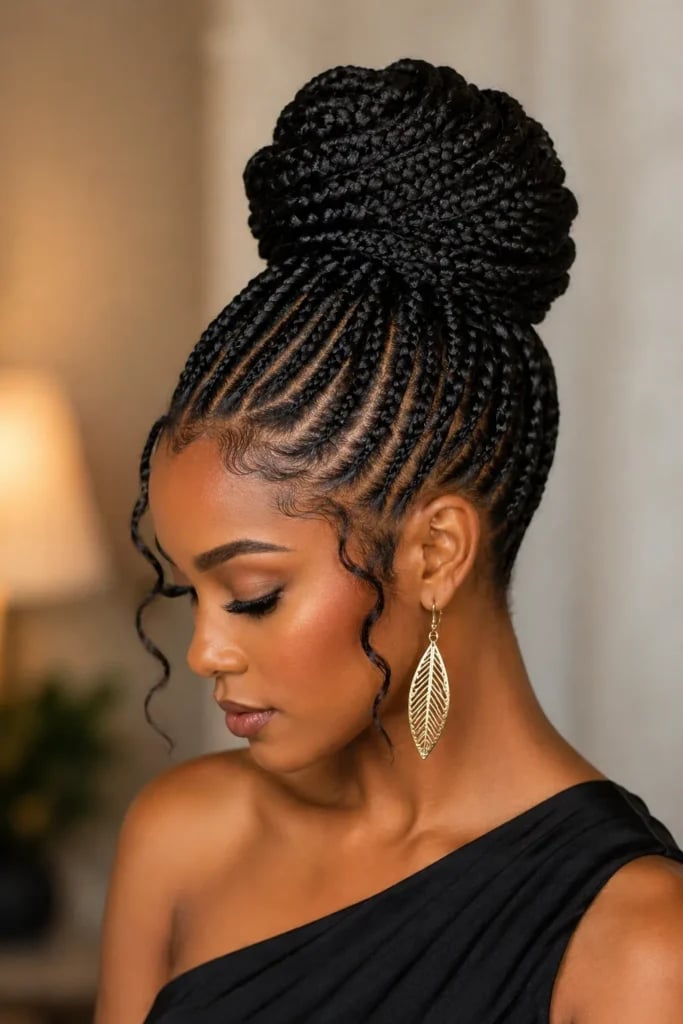 Black Coily Cornrow Top Knot — Simple Bun Braids
