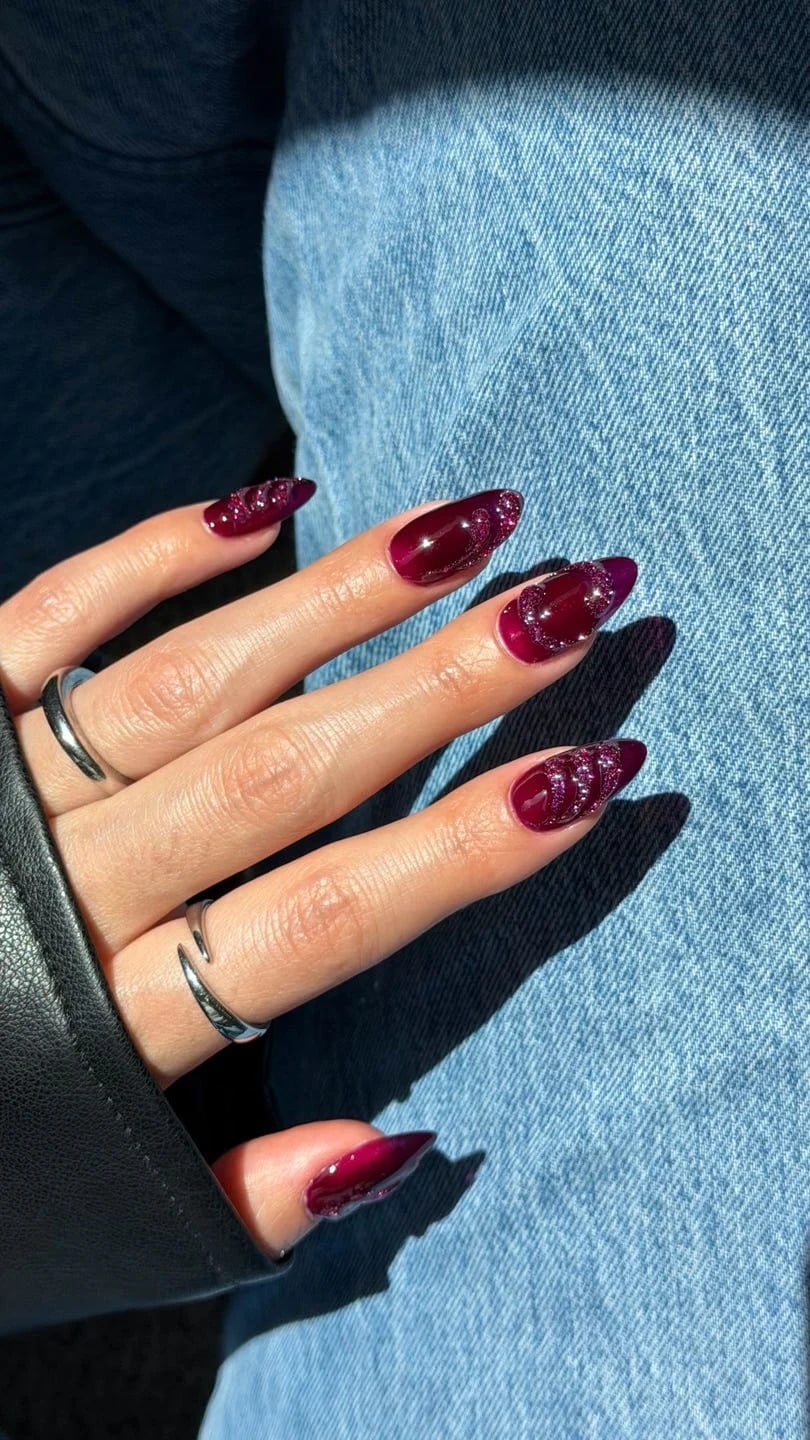 Long Stiletto Burgundy Nails with Glitter Long Stiletto Burgundy Nails with Glitter — Simple Burgundy Nails Art