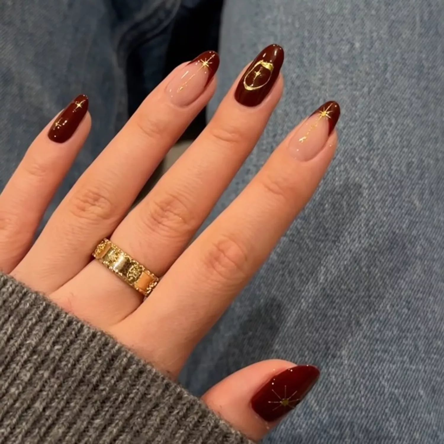 Burgundy Tips with Celestial Gold Art Burgundy Tips with Celestial Gold Art — Simple Burgundy Nails Art