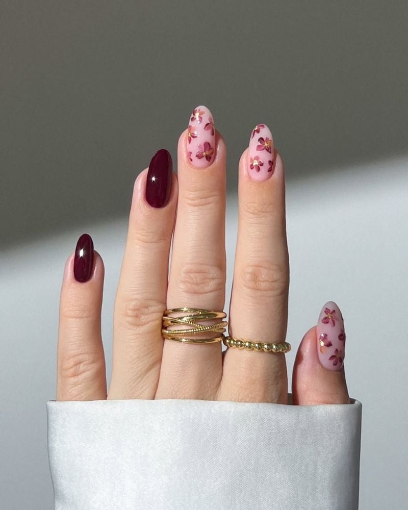 Burgundy and Nude Floral Accent Nails Burgundy and Nude Floral Accent Nails — Simple Burgundy Nails Art