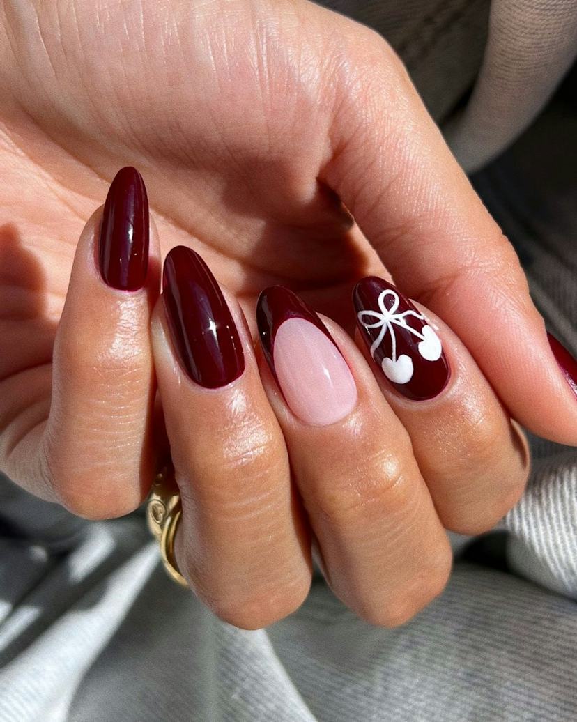 Burgundy Nails with Cherry Art Accent Burgundy Nails with Cherry Art Accent — Simple Burgundy Nails Art