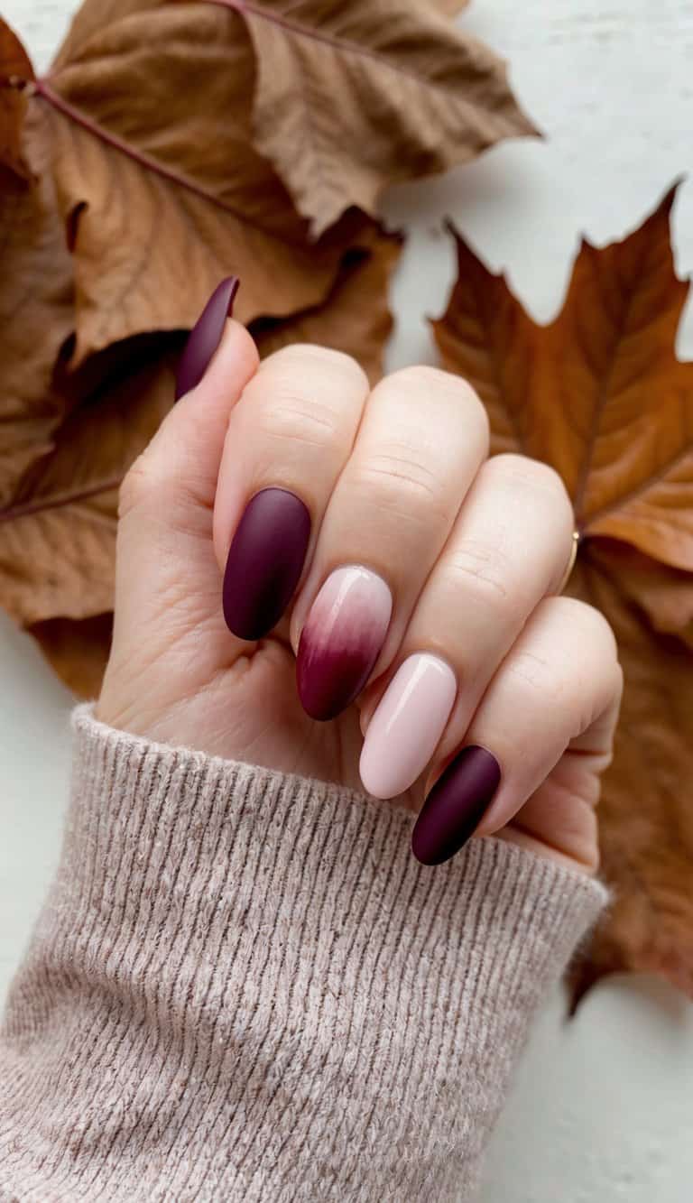 Matte Burgundy Pink Nude Ombre Nails Matte Burgundy Pink Nude Ombre Nails — Simple Burgundy Nails Art