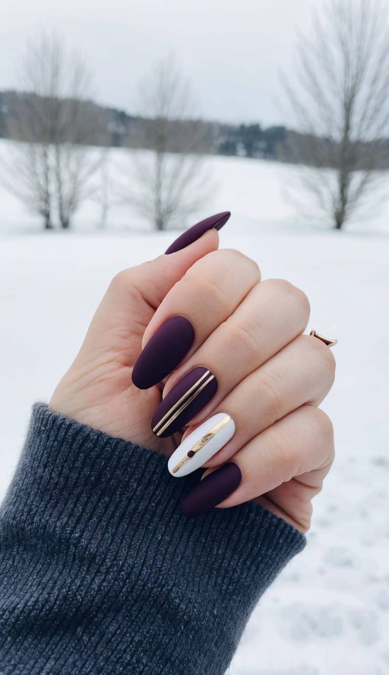 Long Stiletto Matte Burgundy with Gold Stripe Long Stiletto Matte Burgundy with Gold Stripe — Simple Burgundy Nails Art