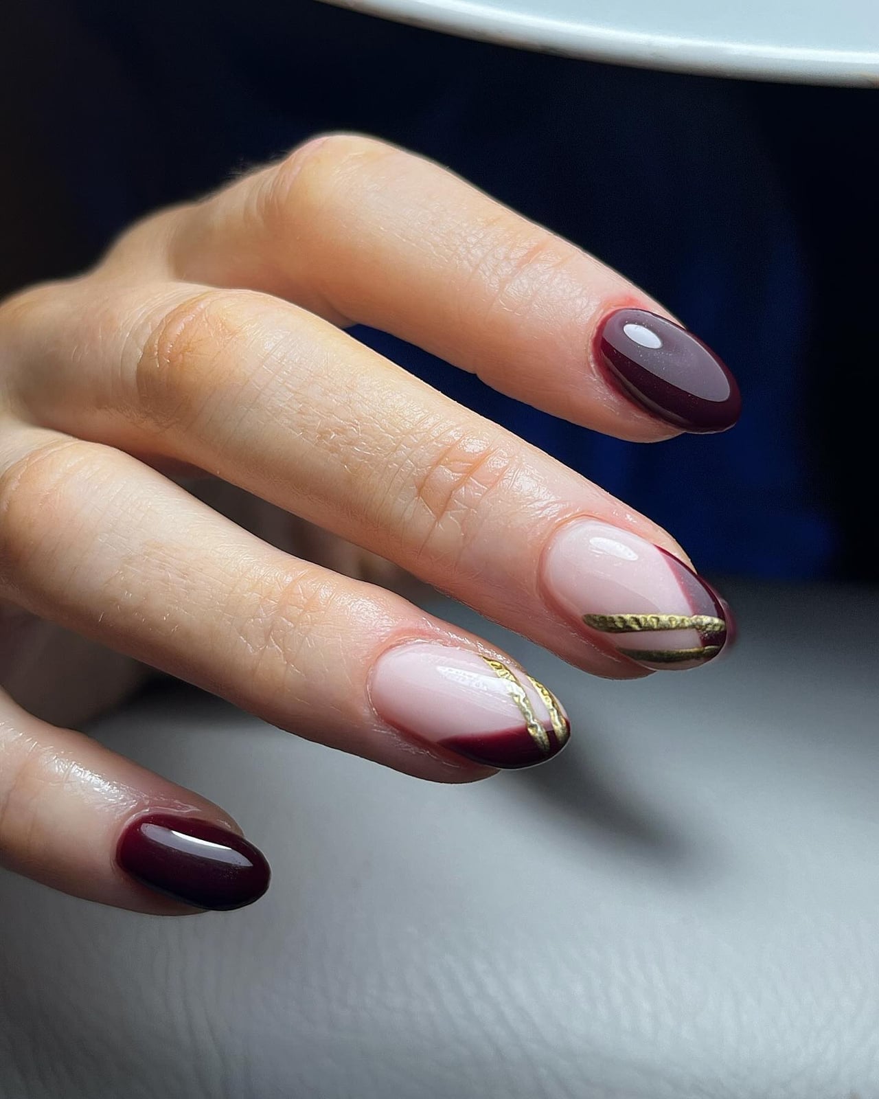 Burgundy and Nude Nails with Gold Stripe Burgundy and Nude Nails with Gold Stripe — Simple Burgundy Nails Art