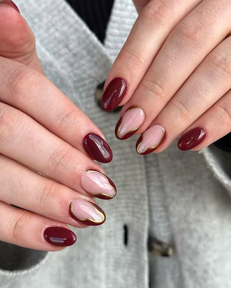 Burgundy and Pink Nails with Gold Outline Burgundy and Pink Nails with Gold Outline — Simple Burgundy Nails Art