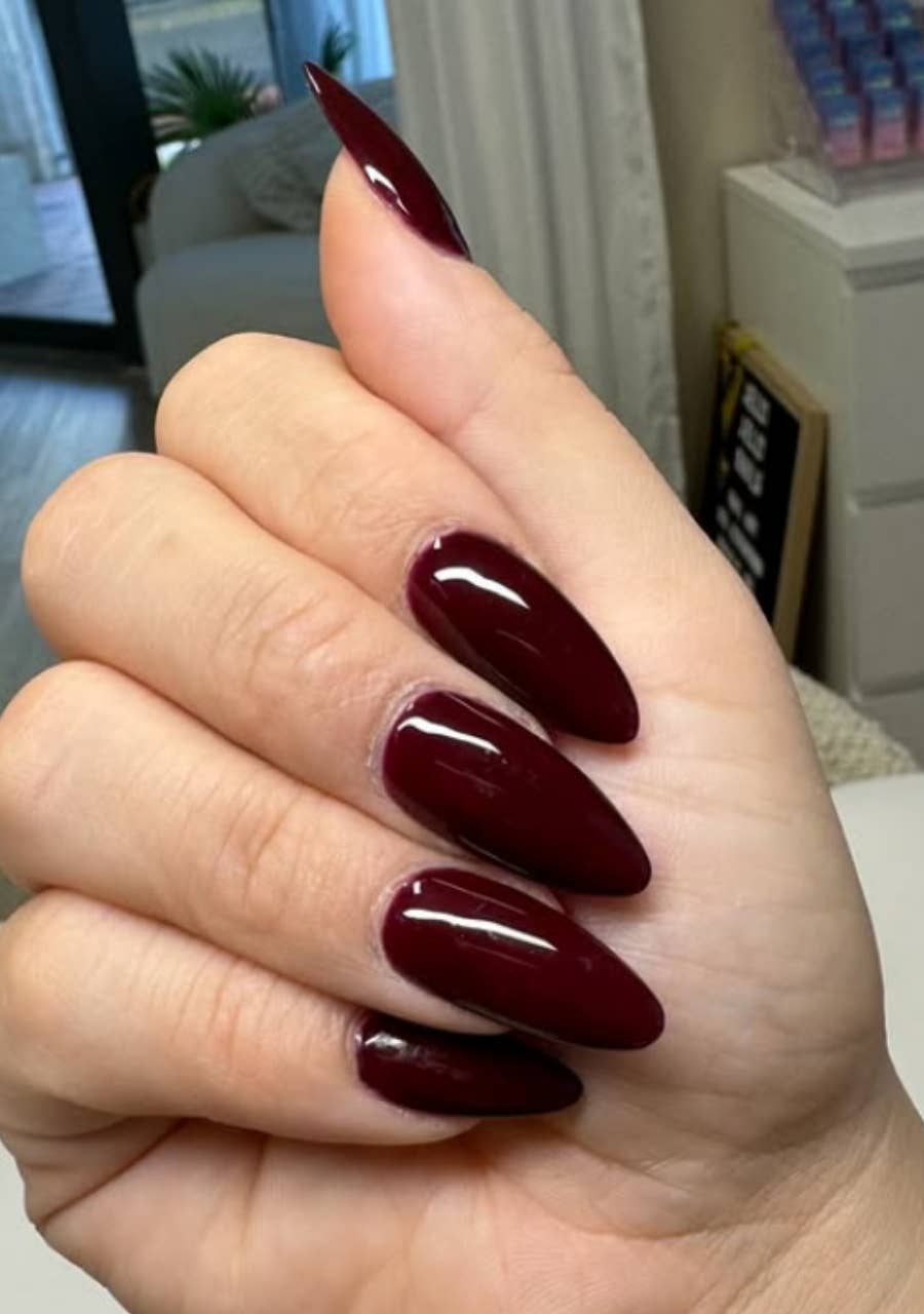 Long Almond Nails Deep Glossy Burgundy With A High-Shine Finish Long Almond Nails Deep Glossy Burgundy With A High-Shine Finish — Simple Burgundy Nails Art