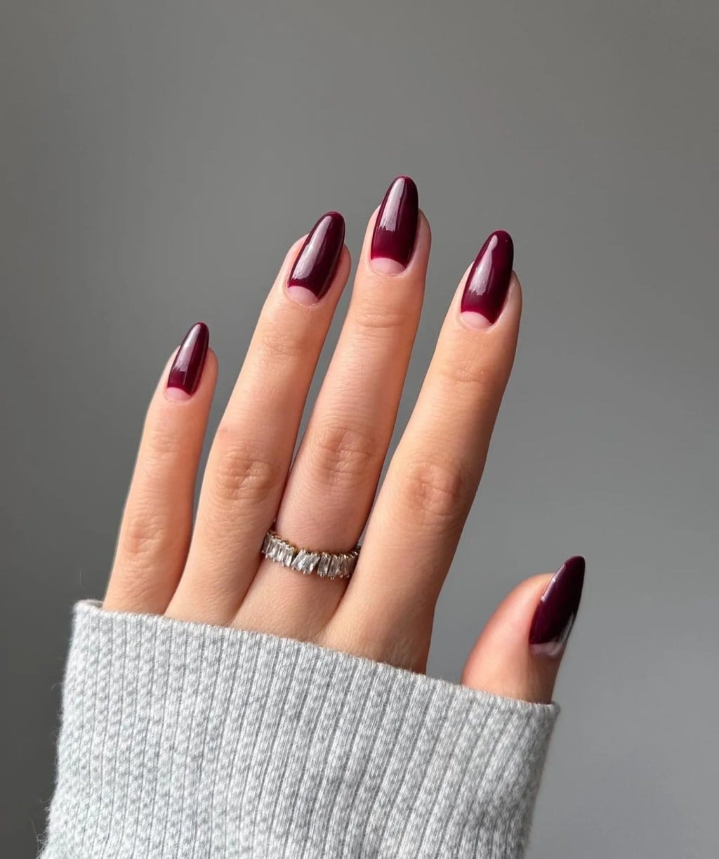 Medium Almond Nails With Burgundy Crescent Moon — Simple Burgundy Nails Design