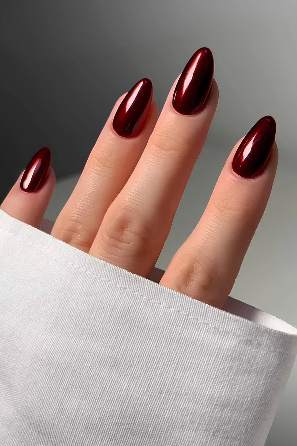 Medium Almond Nails In Dark Red Chrome — Simple Burgundy Nails Design