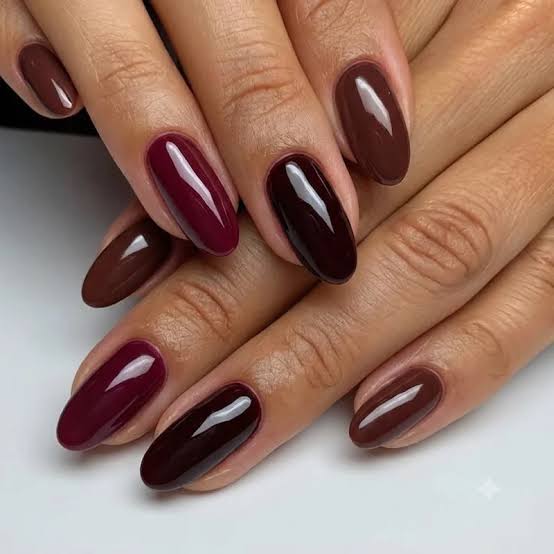 Medium Almond Nails In Mixed Jewel Tones — Simple Burgundy Nails Design