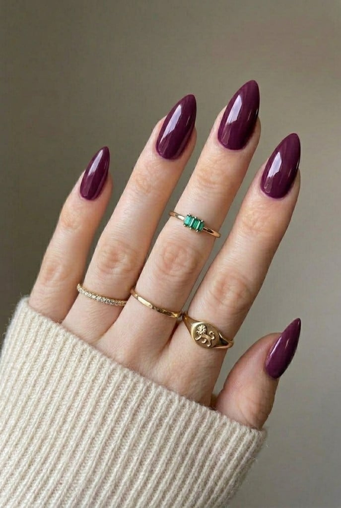 Medium Almond Nails In Deep Glossy Plum-Burgundy — Simple Burgundy Nails Design