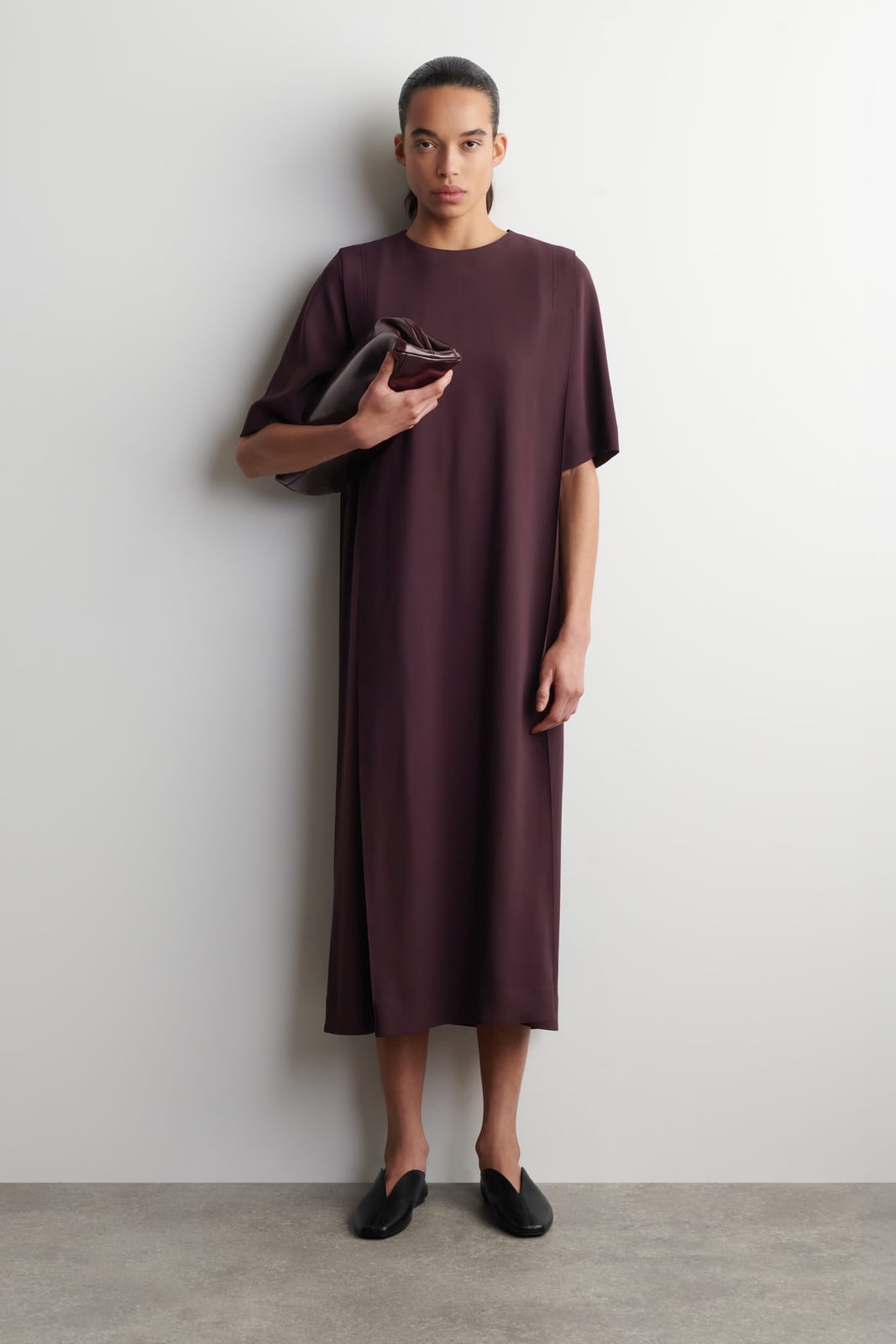 Burgundy Midi Dress with Straight-Cut Silhouette — Simple Burgundy Outfits for Women