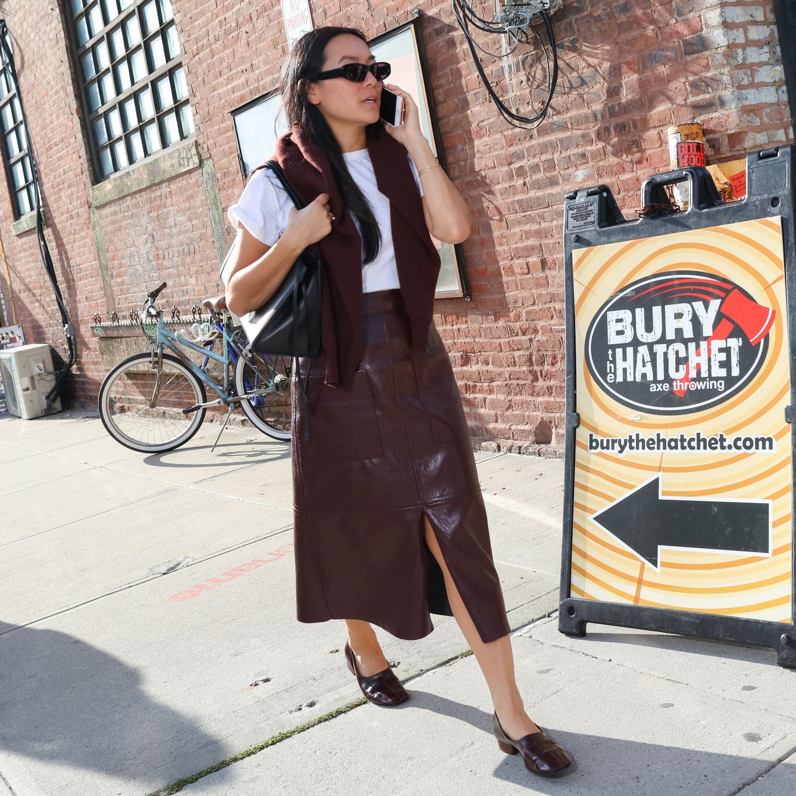 Burgundy Sweater Vest and Leather-Like Midi Skirt — Simple Burgundy Outfits for Women