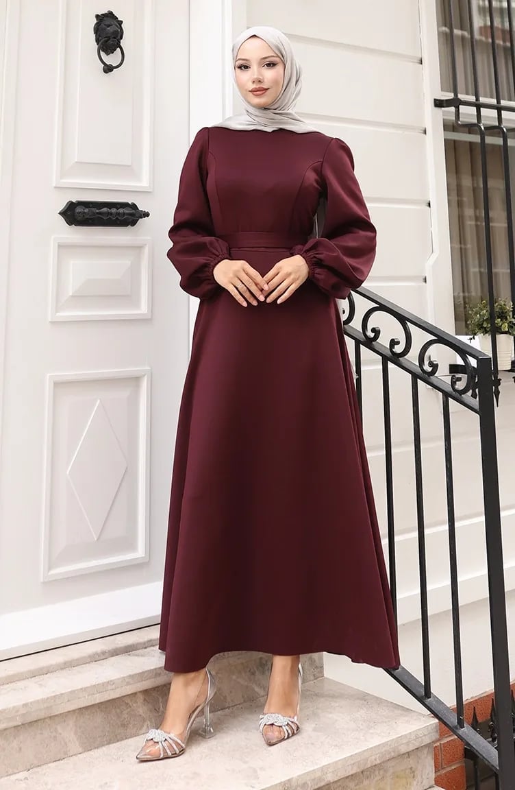 Burgundy A-Line Dress with Puffed Sleeves and Hijab and Heeled Shoes — Simple Burgundy Outfits for Women