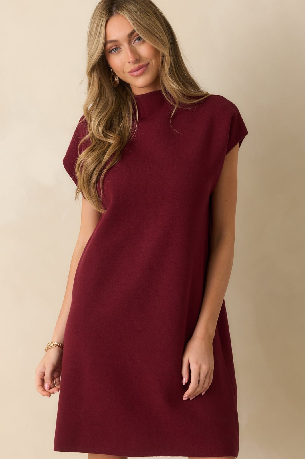Burgundy Mock Neck Knit Dress — Simple Burgundy Outfits for Women