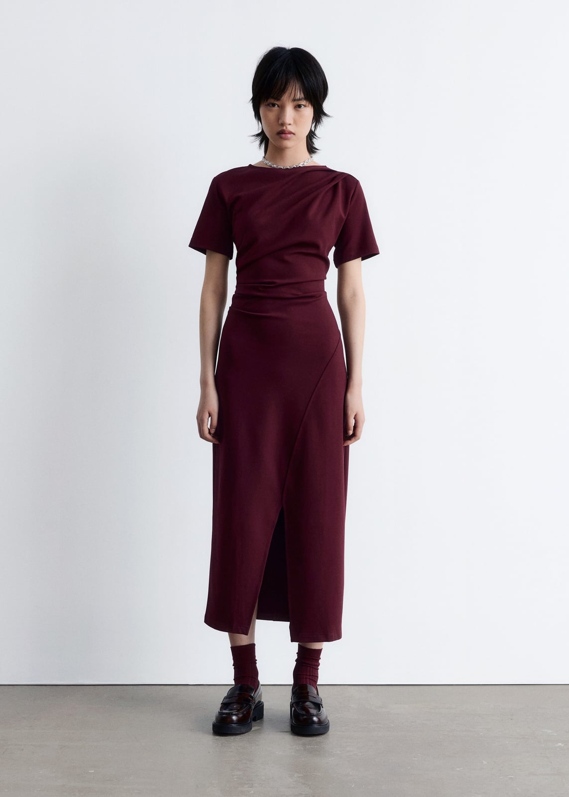 Burgundy Draped Top and Asymmetrical Midi Skirt — Simple Burgundy Outfits for Women