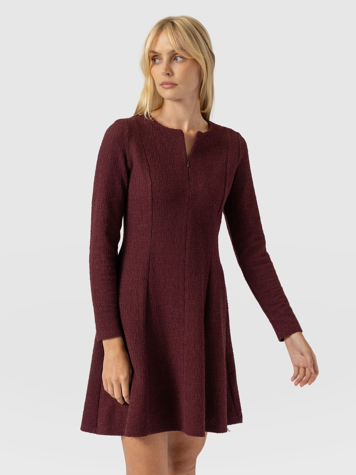 Burgundy Bouclé A-Line Mini Dress, Close-Up Take — Simple Burgundy Outfits for Women
