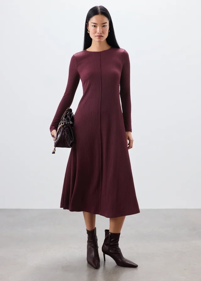 Burgundy Ribbed Knit Midi Dress with Ankle Boots — Simple Burgundy Outfits for Women