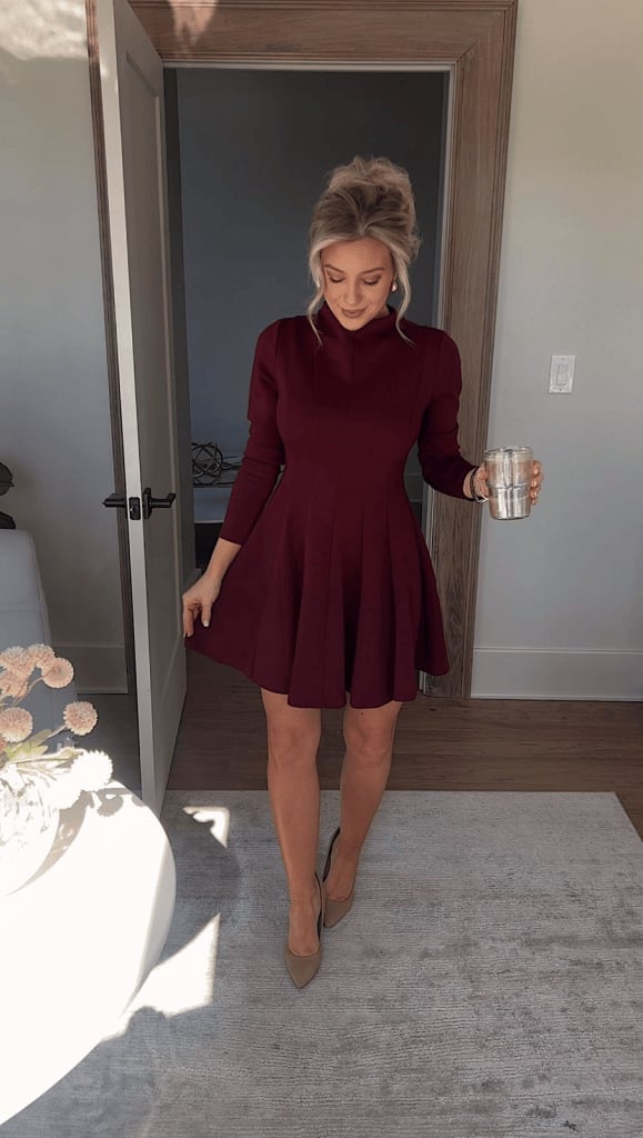 Burgundy Textured Knit Dress with Pleated Skirt — Simple Burgundy Outfits for Women