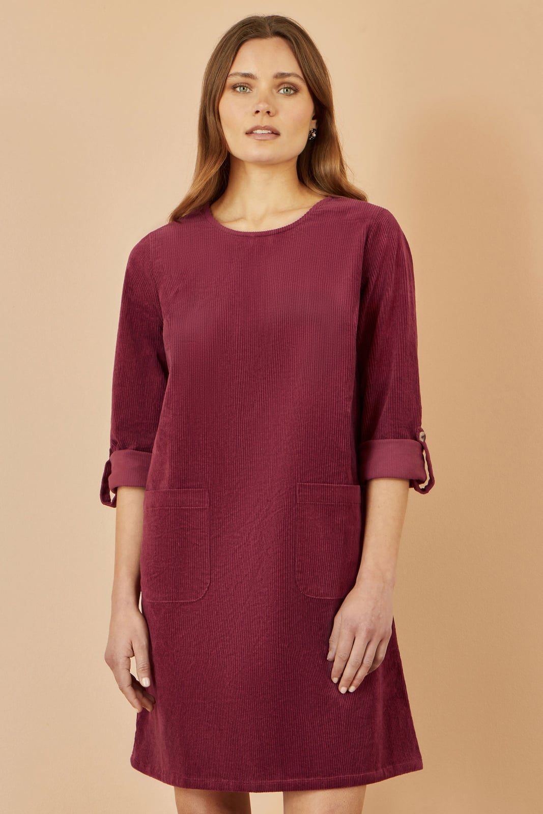 Burgundy Corduroy A-Line Dress with Patch Pockets — Simple Burgundy Outfits for Women