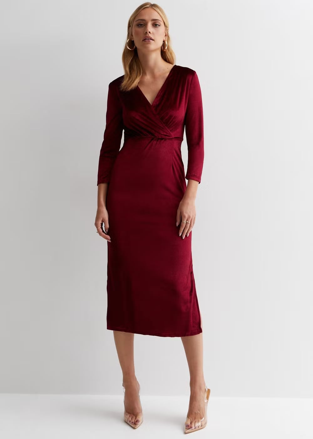 Burgundy Velvet Wrap Dress with Pointed Heels — Simple Burgundy Outfits for Women