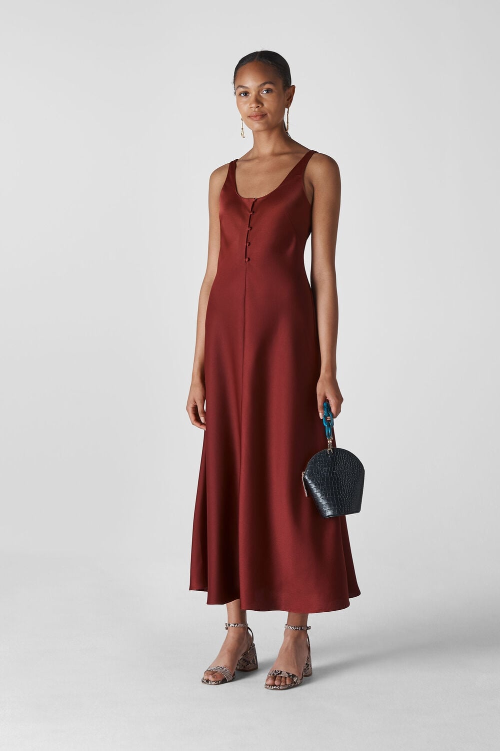 Burgundy Satin Slip Dress with Button-Front Detail — Simple Burgundy Outfits for Women