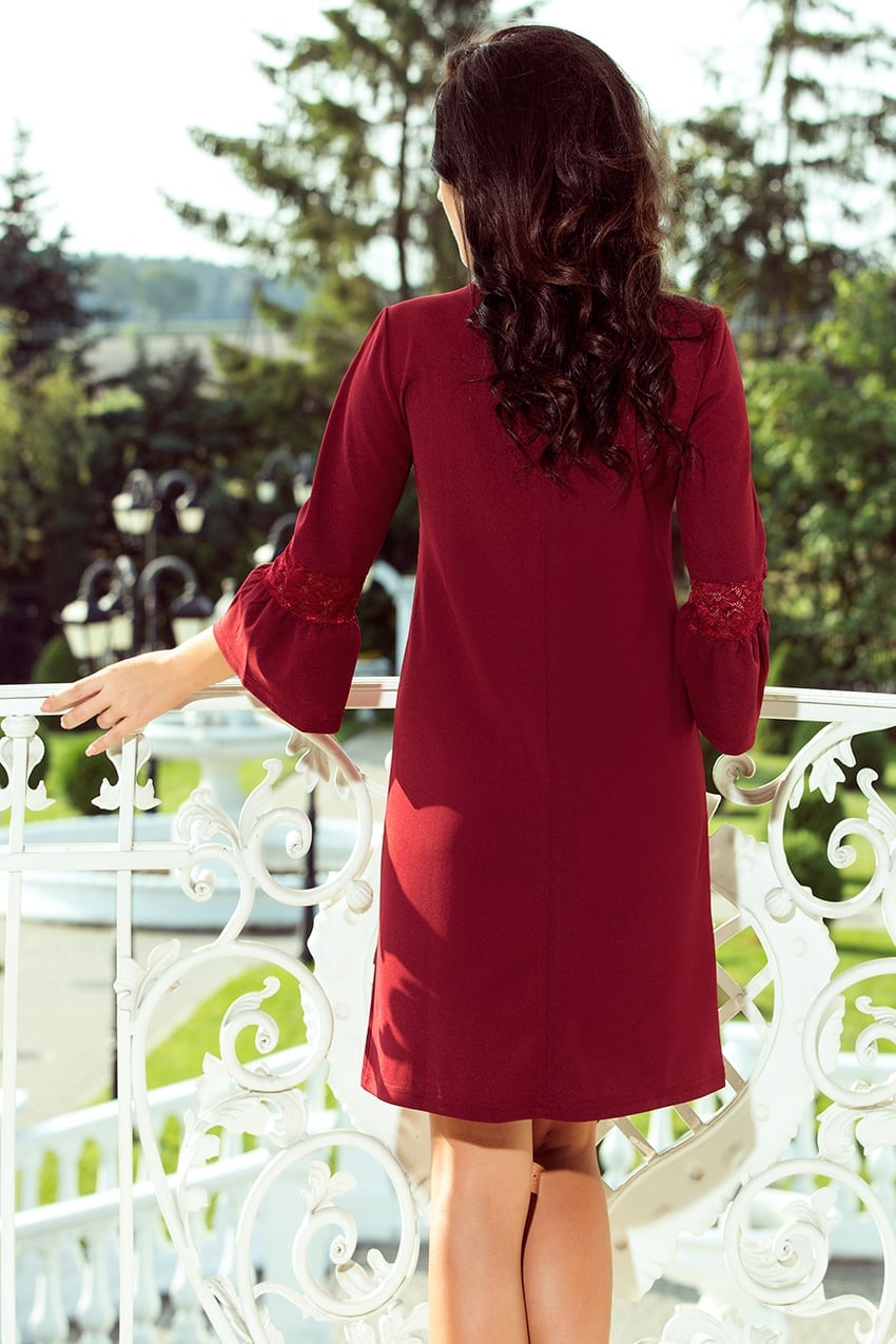 Burgundy A-Line Dress with Lace Sleeves, Crepe — Simple Burgundy Outfits for Women