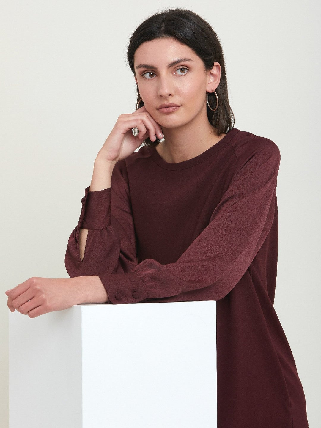 Burgundy Knit Dress with Buttoned Sleeve Cut-Outs — Simple Burgundy Outfits for Women