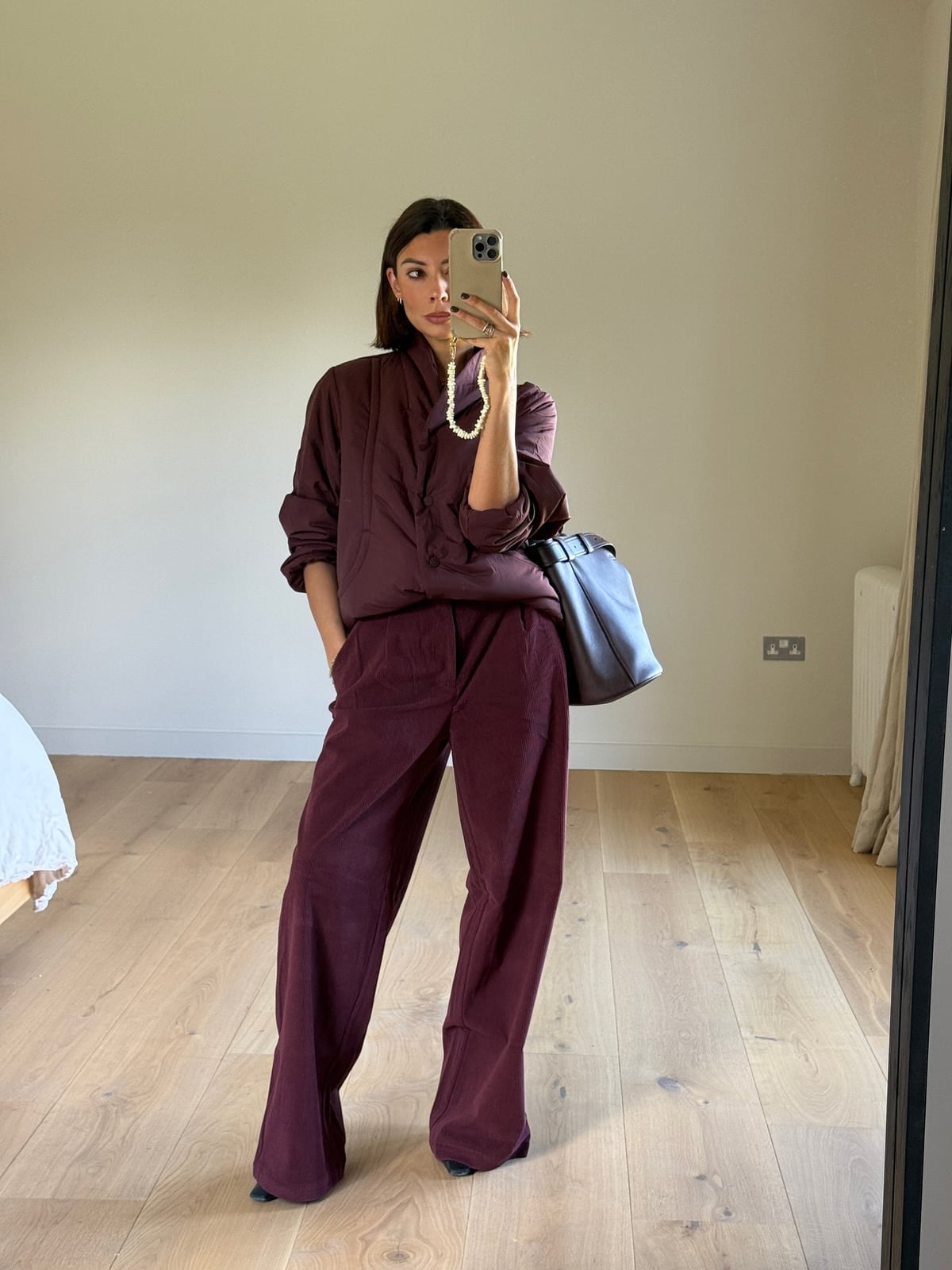 Monochromatic Burgundy Shirt and Wide-Leg Trousers — Simple Burgundy Outfits for Women