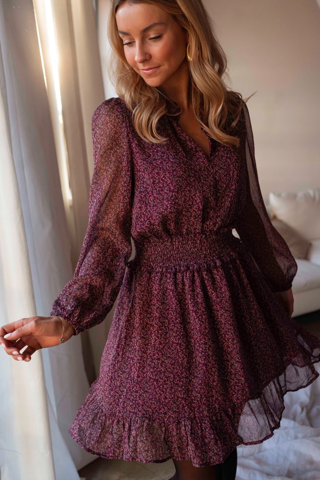 Burgundy Sheer Dress with Pink Print and Ruffled Hem — Simple Burgundy Outfits for Women