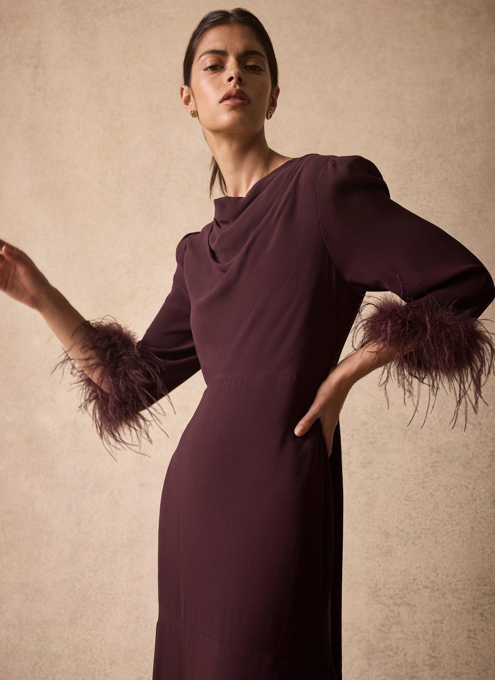 Burgundy Cowl Neck Dress with Feather Trim Sleeves — Simple Burgundy Outfits for Women